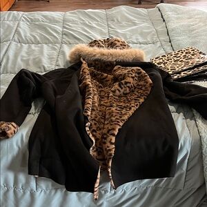 Bonus Free items w/ purchase Black Jacket w/ Leopard Faux-Fur Lining & hat set